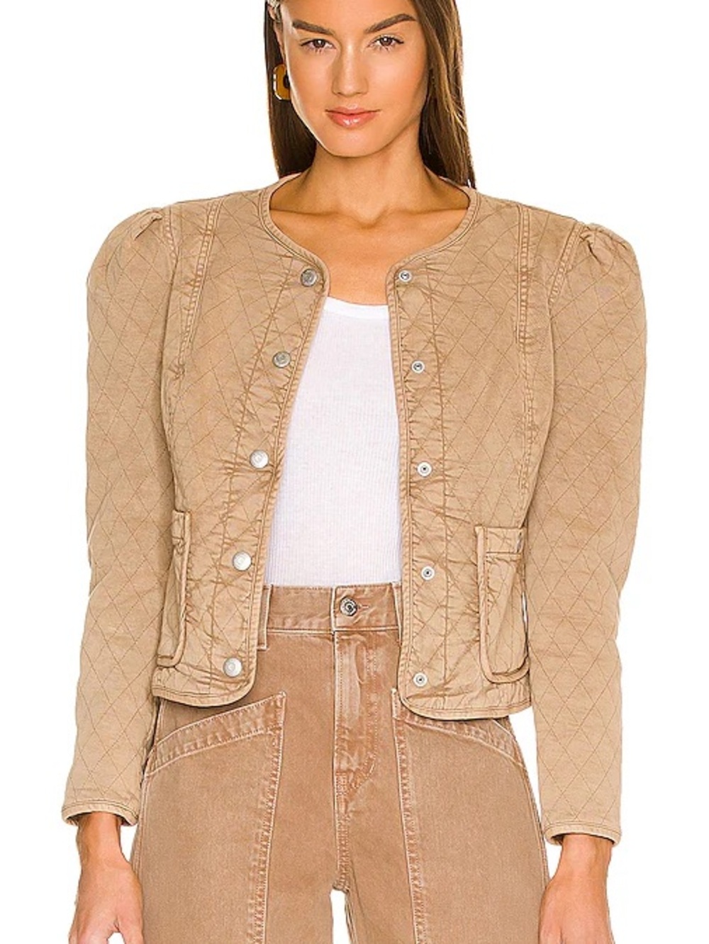 Veronica Beard Camila Quilted Puff-Sleeve Bomber Jacket in Tan